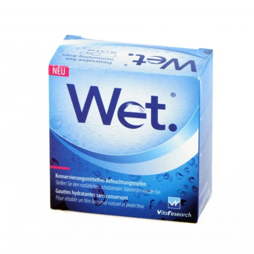Le Wet sono gocce umettanti monodose senza conservanti a base di acido ialuronico utilizzate per ristabilire un film lacrimale naturale e protettivo.